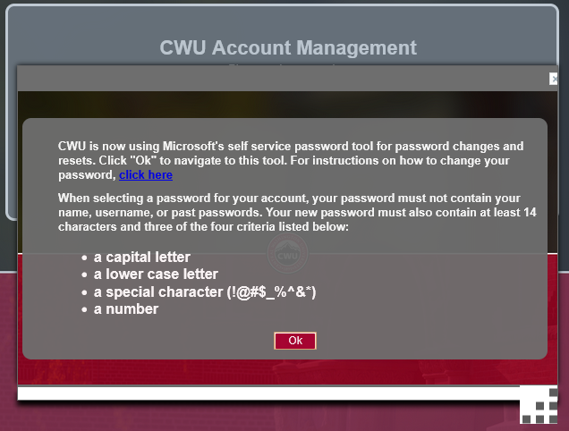 CWU Account Management Password Tool Screen Change your password
